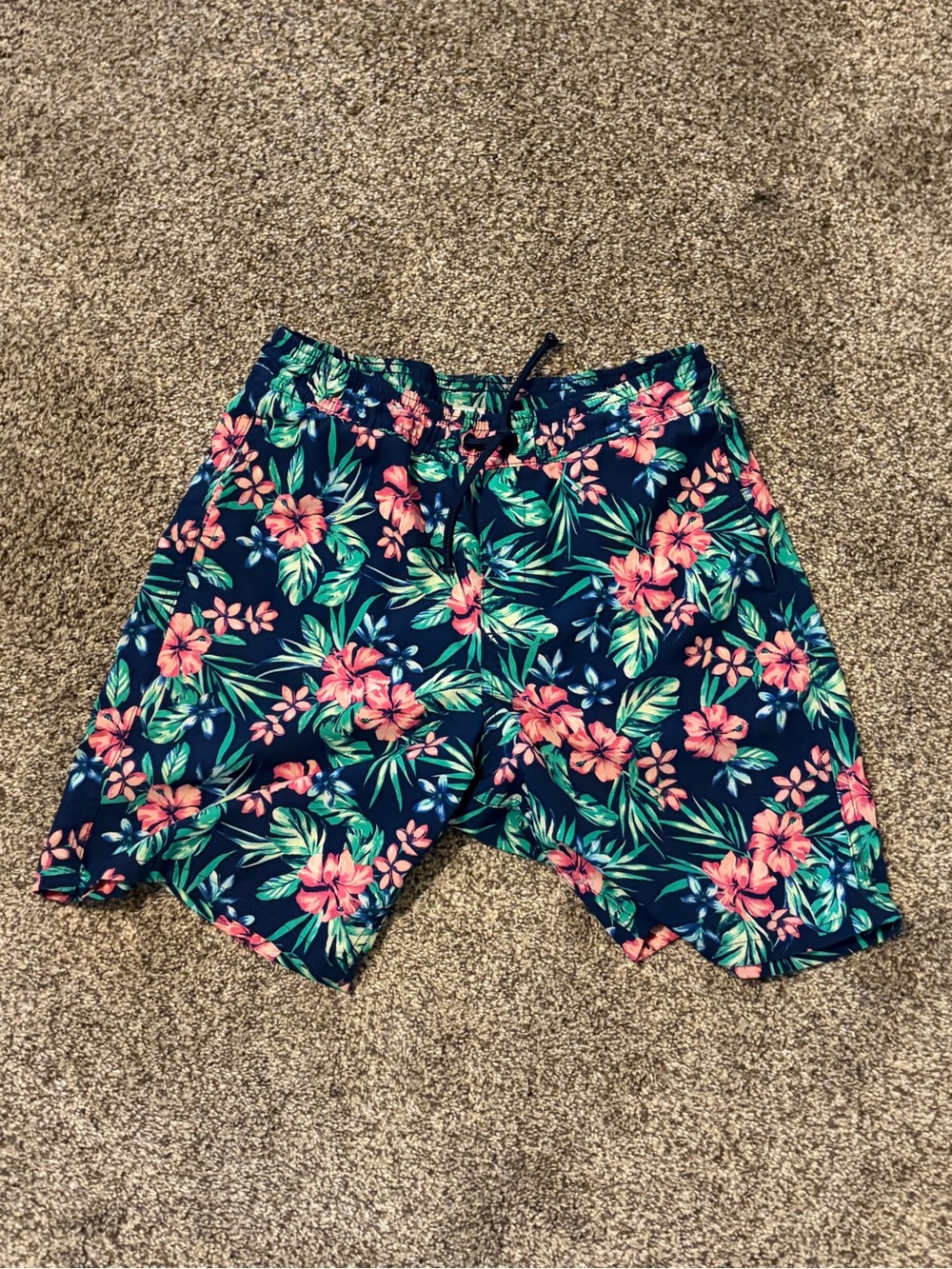 Lands' End Navy Swim Shorts with Pink Floral & Green Leaves